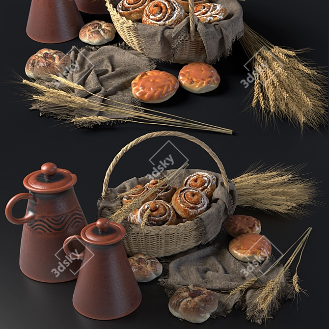 Artisan Buns in Wicker Basket 3D model image 2