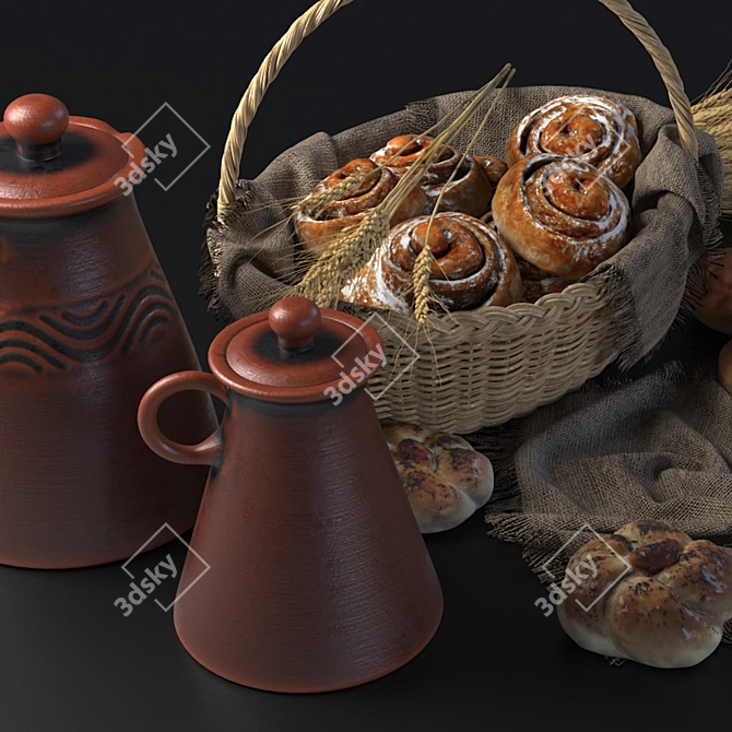 Artisan Buns in Wicker Basket 3D model image 3