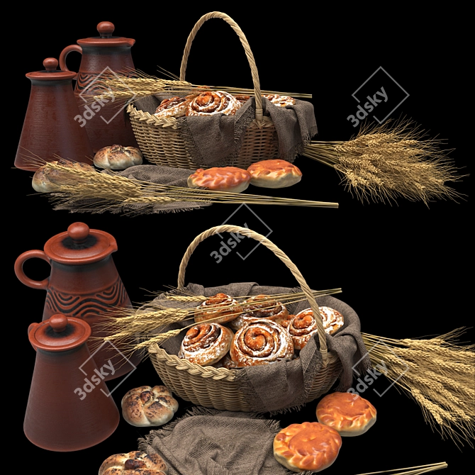 Artisan Buns in Wicker Basket 3D model image 7