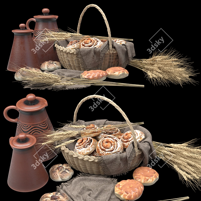 Artisan Buns in Wicker Basket 3D model image 8