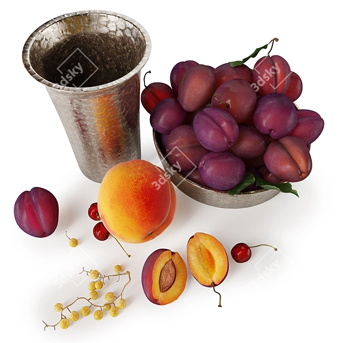 Plum Fruit Set: Realistic Still Life Sculpture 3D model image 5