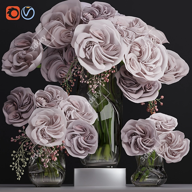 Premium Ohara Garden Rose Bouquet with Decor Glass Vase 3D model image 1