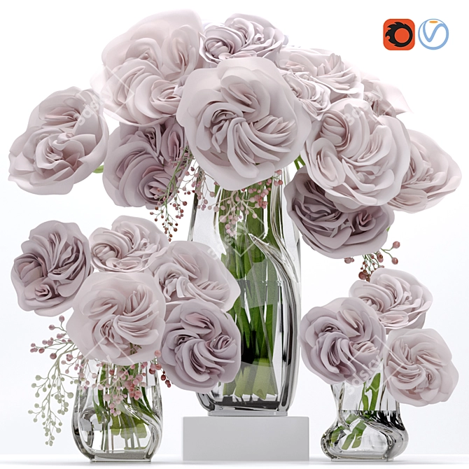 Premium Ohara Garden Rose Bouquet with Decor Glass Vase 3D model image 7