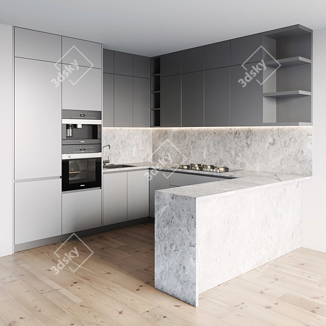 Modern Kitchen 079: Gas Hob, Oven, Coffee Machine, Sink & Hood 3D model image 1