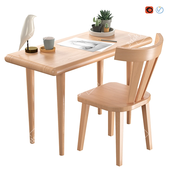 Wooden Table Set: Stylish and Functional 3D model image 2