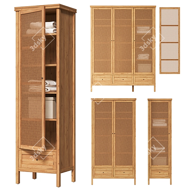 Gabin Pine & Wicker Wardrobe 3D model image 2