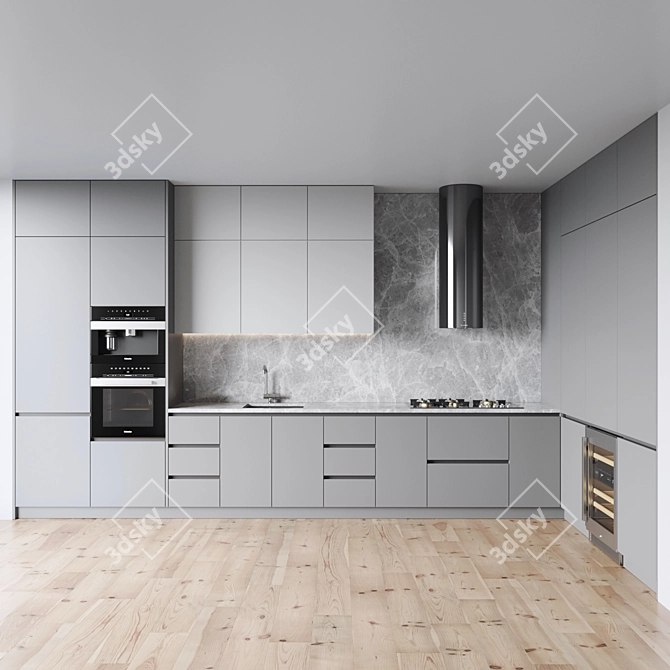 Modern Kitchen Set: Gas Hob, Oven, Coffee Machine, Wine Fridge, Sink & Hood 3D model image 1