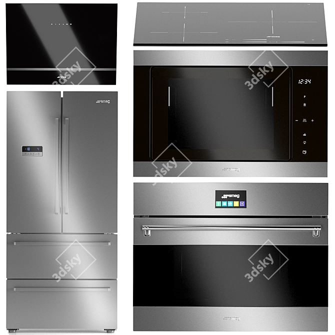 Smeg Kitchen Appliance Set: Induction Cooktop, Range Hood, Microwave, Fridge, Oven 3D model image 1