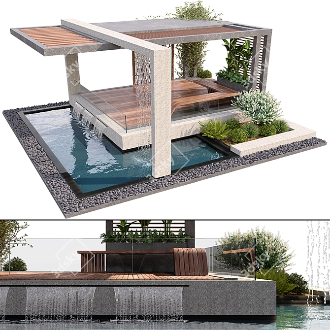 Elegant Pergola Oasis: Water & Plant Haven 3D model image 1