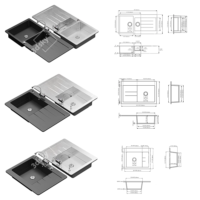 Lavello Double Bowl & Single Kitchen Sink 3D model image 2