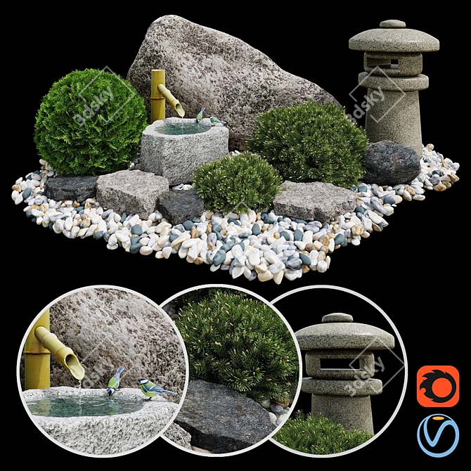 Zen Oasis Tsukubai Rock Garden 3D model image 1