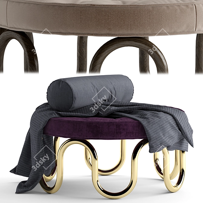 Luxury Round Ottoman with Metal and Wood Legs 3D model image 1