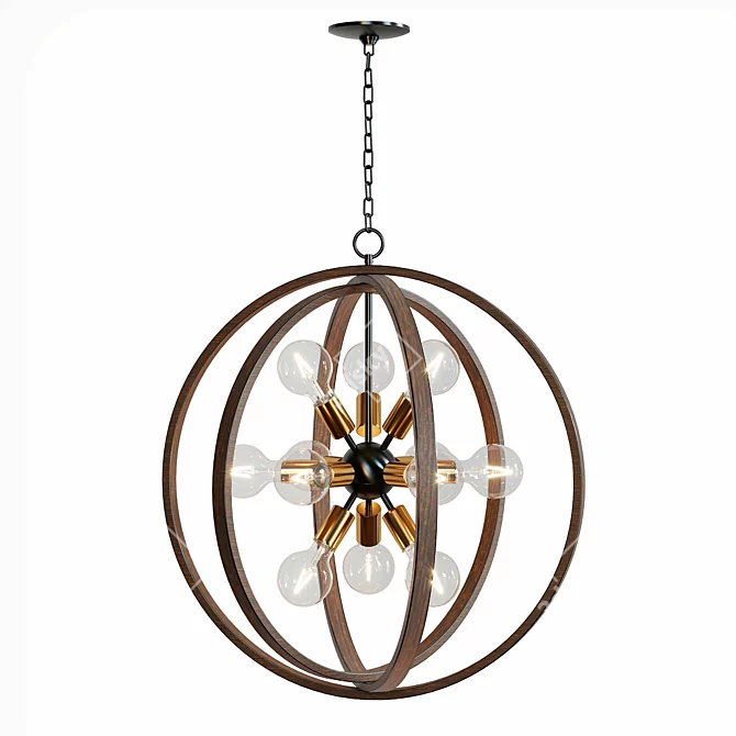 Gold and Wood Sputnik Orb Chandelier 3D model image 2