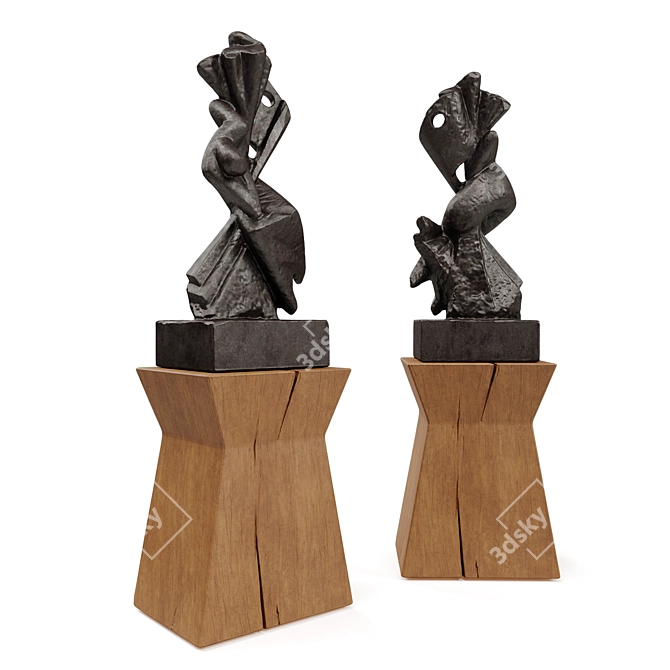 Title: Elegant Metal Abstract Figure on Wooden Pedestal 3D model image 1