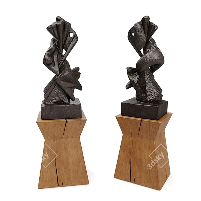 Title: Elegant Metal Abstract Figure on Wooden Pedestal 3D model image 2