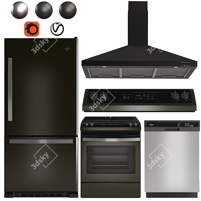 Whirlpool Black Stainless Kitchen Set 3D model image 1