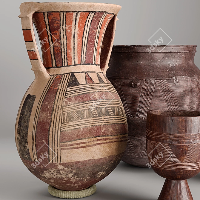 African Clay and Wood Vases 3D model image 2