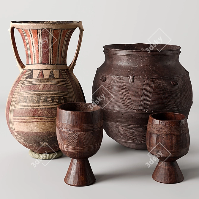 African Clay and Wood Vases 3D model image 12