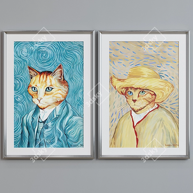 Modern Van Gogh Cat Oil Painting Frame Set 3D model image 3