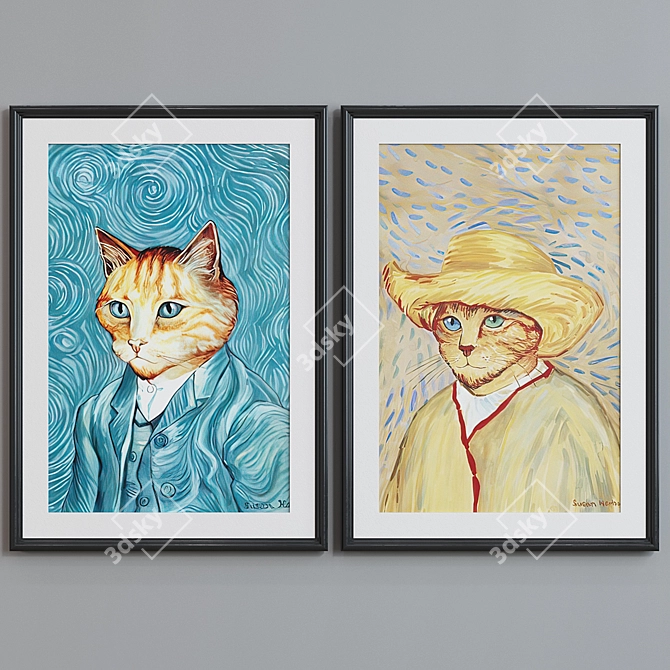 Modern Van Gogh Cat Oil Painting Frame Set 3D model image 5