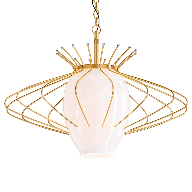 French Modernist Pendant: Brass & Satin Glass 3D model image 1