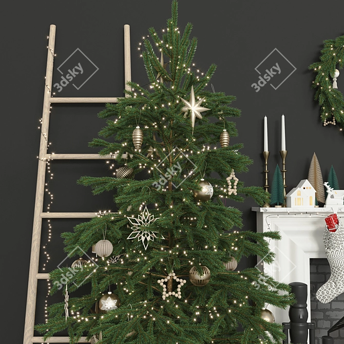 Festive Christmas Tree & Fireplace Décor 3D model image 3