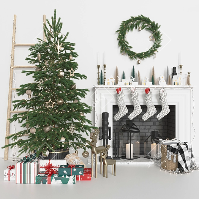 Festive Christmas Tree & Fireplace Décor 3D model image 8