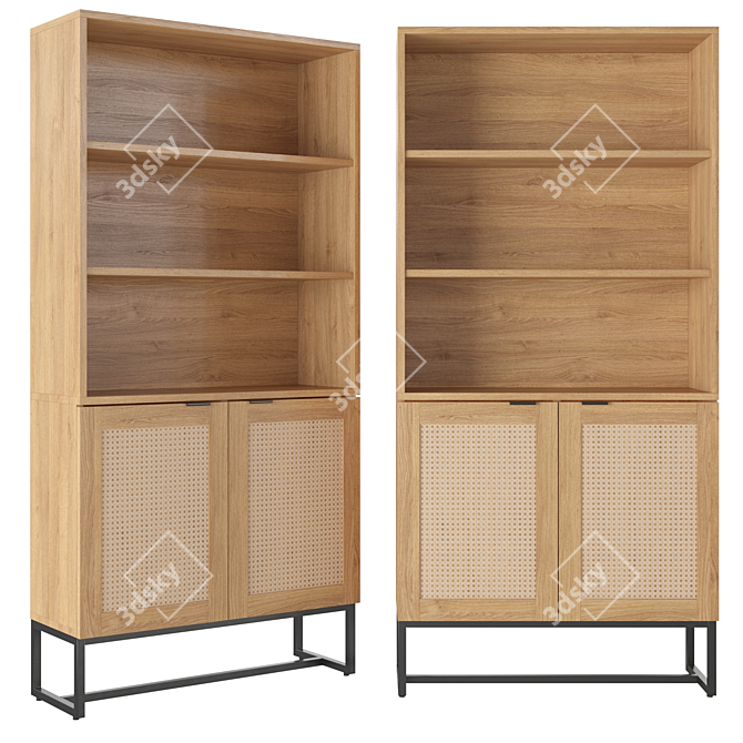 Scandi-Style Bookcase: Wood, Metal, and Cane 3D model image 1