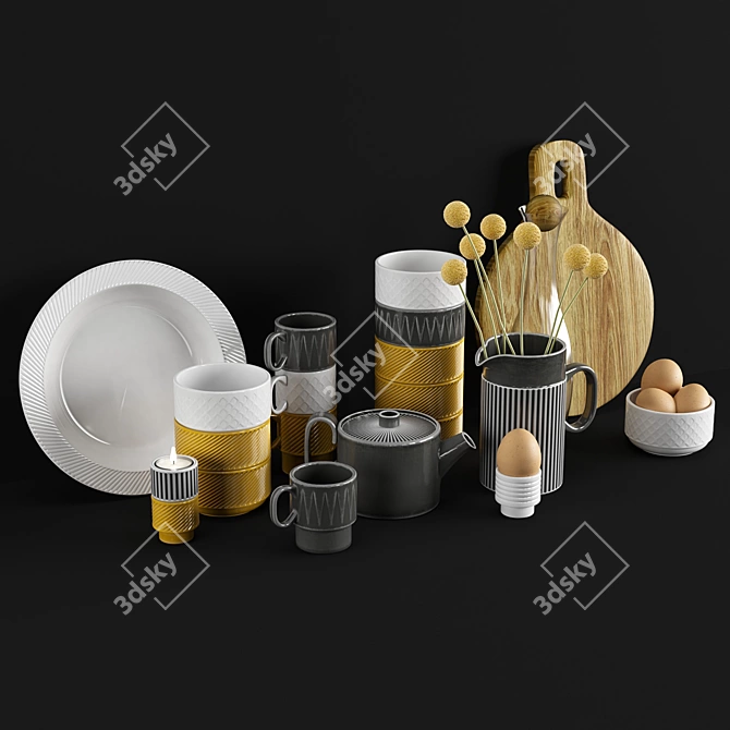 Elegant Floral Tableware Set 3D model image 2