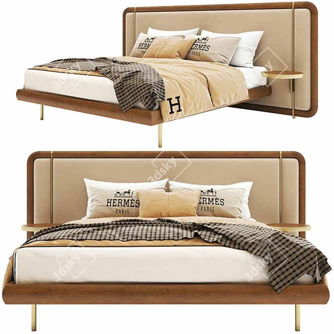 Modern Wooden Bed with Canaletta Walnut Frame and Upholstered Headboard 3D model image 2