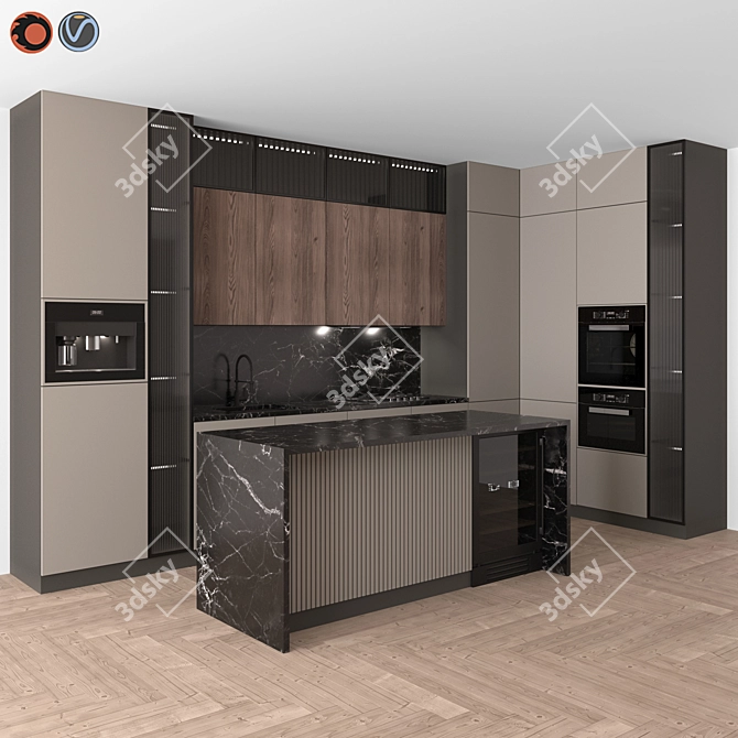 Sleek Modern Kitchen Set 3D model image 1