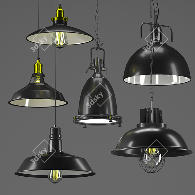 Industrial Metal Pendant Light Set 3D model image 1