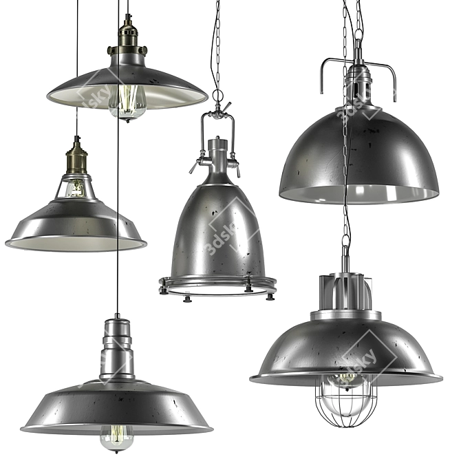 Industrial Metal Pendant Light Set 3D model image 9