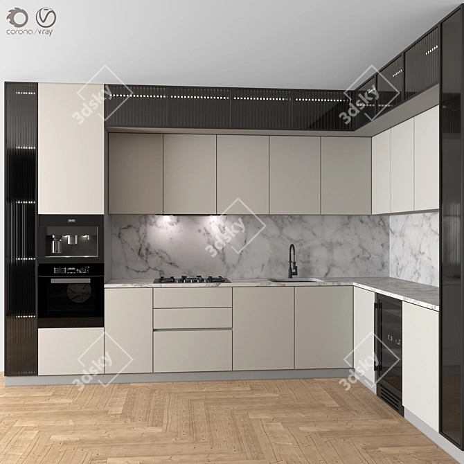 Modern Corner Kitchen Set 3D model image 1