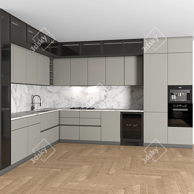 Modern Corner Kitchen Set with Appliances 3D model image 2