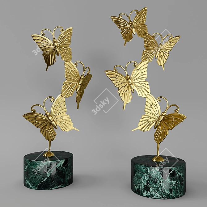 Golden Butterfly Statuette Set on Green Marble Stand 3D model image 1