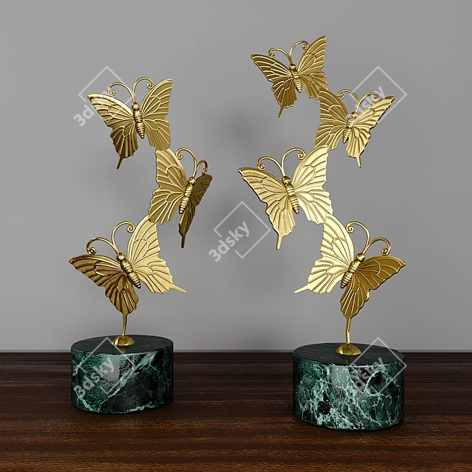 Golden Butterfly Statuette Set on Green Marble Stand 3D model image 4