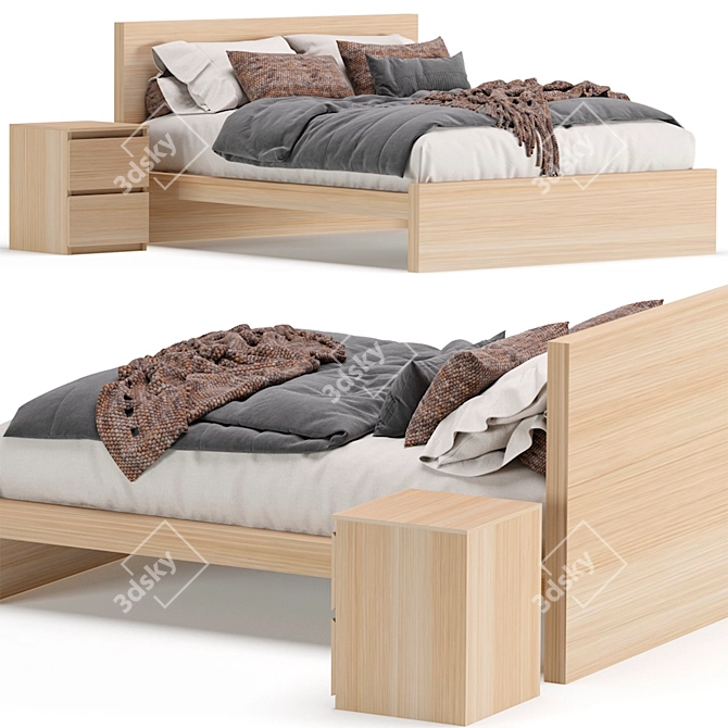 Modern Oak Finish Malm Bed 3D model image 4