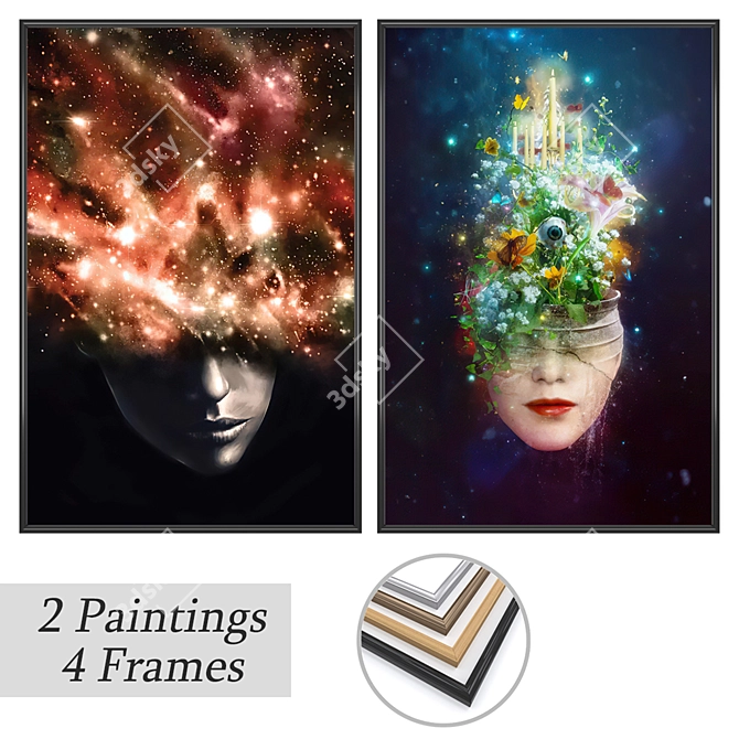 Artistic Set: 2 Paintings with 4 Frame Options 3D model image 1