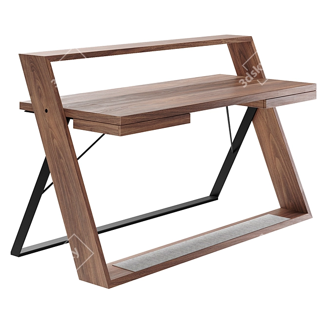Modern Walnut and Black Steel Writing Desk 3D model image 1