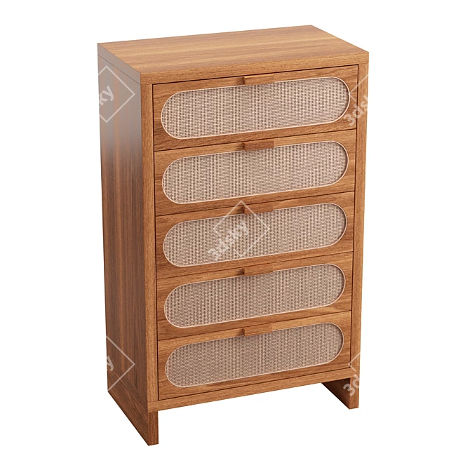 Oak Wood Retro Chic 5-Drawer Dresser 3D model image 1