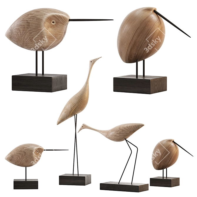 Modern Teak Bird Sculpture Set 3D model image 1