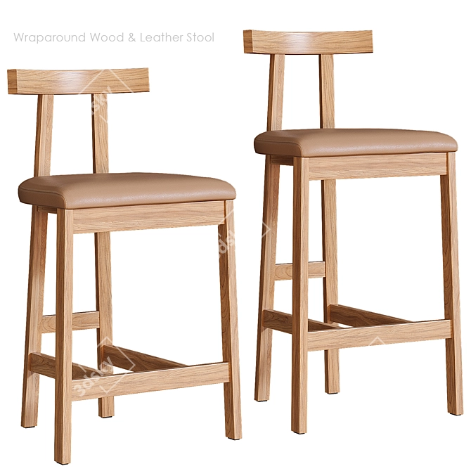 Modern Wood & Leather Stool 3D model image 1