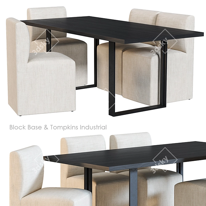 Industrial Dining Set: Tompkins Table & Block Base Chairs 3D model image 2