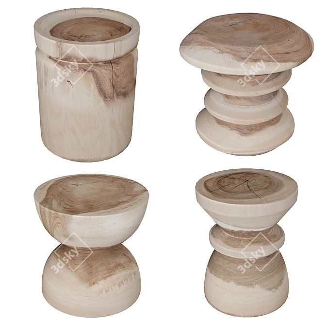 Rustic Stools Set Handcrafted 3D model image 1