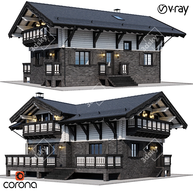 Wooden Private House Model 3D model image 1