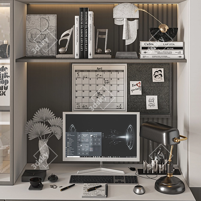 Modern Workstation Set with Accessories 3D model image 3