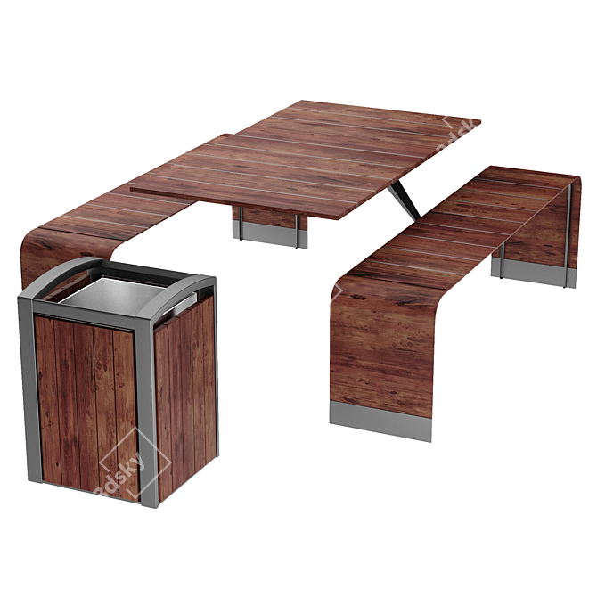 Industrial Style Bench with Bin 3D model image 4