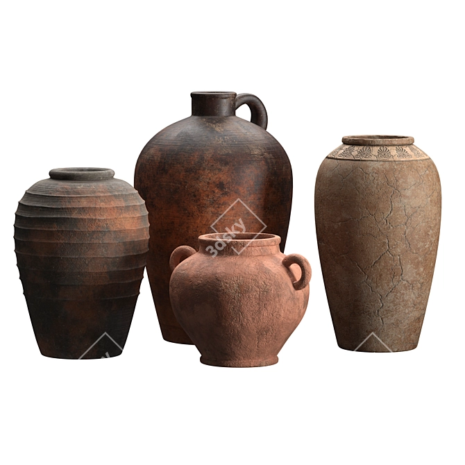 Handcrafted Clay Vases Set 3D model image 6
