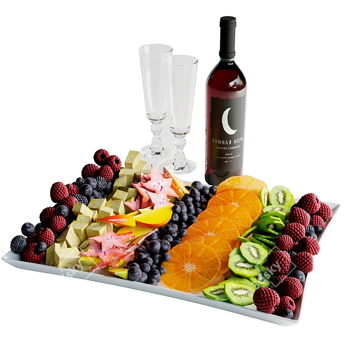 Fruit Plate with Red Wine 3D model image 1